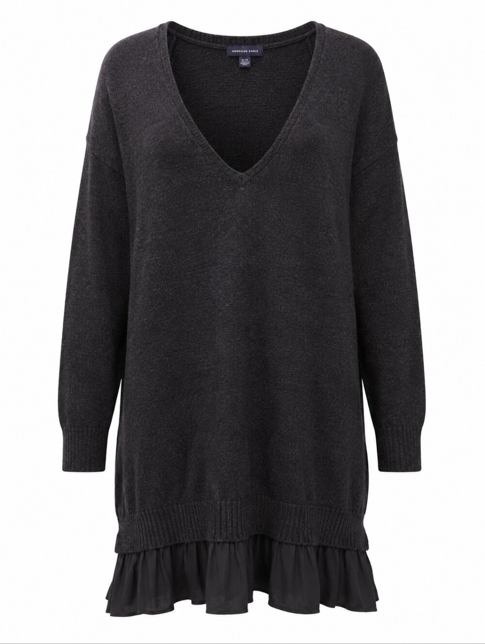 AMERICAN EAGLE OUTFITTERS | Black  V-Neck Knit Sweater‎ Tunic Dress Ruffle | XL